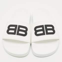 Pre Owned Balenciaga White Rubber BB Pool Slide Sandals Size 37