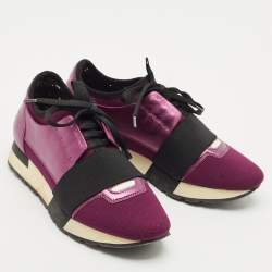Pre Owned Balenciaga Purple/Black Leather and Fabric Race Runner Low Top Sneakers Size 36