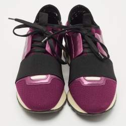 Pre Owned Balenciaga Purple/Black Leather and Fabric Race Runner Low Top Sneakers Size 36