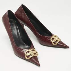 Pre Owned Balenciaga Burgundy Lizard Embossed Leather Knife BB Pumps Size 40