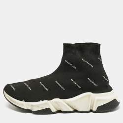 Pre Owned Balenciaga Black/White Knit Fabric Allover Logo Speed Trainer Sneakers Size 39