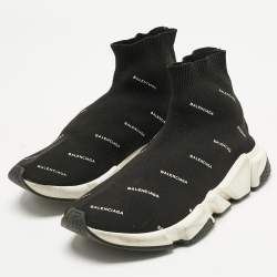 Pre Owned Balenciaga Black/White Knit Fabric Allover Logo Speed Trainer Sneakers Size 39