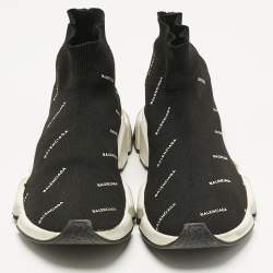Pre Owned Balenciaga Black/White Knit Fabric Allover Logo Speed Trainer Sneakers Size 39