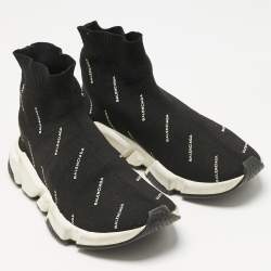 Pre Owned Balenciaga Black/White Knit Fabric Allover Logo Speed Trainer Sneakers Size 39