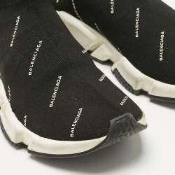 Pre Owned Balenciaga Black/White Knit Fabric Allover Logo Speed Trainer Sneakers Size 39
