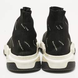 Pre Owned Balenciaga Black/White Knit Fabric Allover Logo Speed Trainer Sneakers Size 39