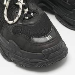 Pre Owned Balenciaga Black Leather and Mesh Triple S Sneakers Size 39