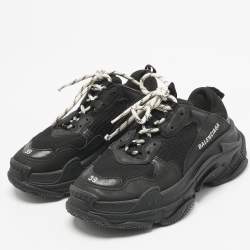 Pre Owned Balenciaga Black Leather and Mesh Triple S Sneakers Size 39