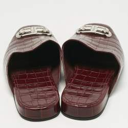 Pre Owned Balenciaga Burgundy Croc Embossed Leather Cosy BB Flat Sandals Size 40