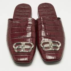 Pre Owned Balenciaga Burgundy Croc Embossed Leather Cosy BB Flat Sandals Size 40