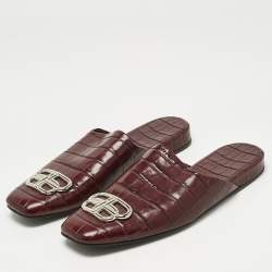 Pre Owned Balenciaga Burgundy Croc Embossed Leather Cosy BB Flat Sandals Size 40