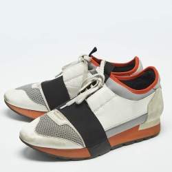 Pre Owned Balenciaga Muulticolor Leather and Knit Fabric Race Runner Low Top Sneakers Size 38