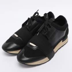 Pre Owned Balenciaga Black Leather and Mesh Race Runner Low Top Sneakers Size 37