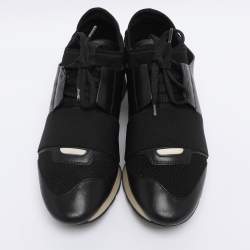Pre Owned Balenciaga Black Leather and Mesh Race Runner Low Top Sneakers Size 37