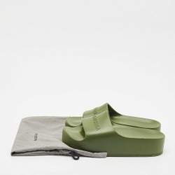 Pre Owned Balenciaga Dark Green Rubber Chunky Logo Pool Slides Size 38