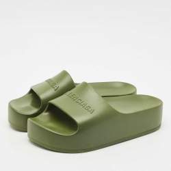 Pre Owned Balenciaga Dark Green Rubber Chunky Logo Pool Slides Size 38