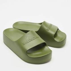 Pre Owned Balenciaga Dark Green Rubber Chunky Logo Pool Slides Size 38