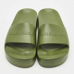 Pre Owned Balenciaga Dark Green Rubber Chunky Logo Pool Slides Size 38
