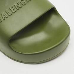 Pre Owned Balenciaga Dark Green Rubber Chunky Logo Pool Slides Size 38