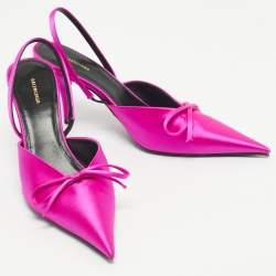 Pre Owned Balenciaga Fuchsia Satin Knife Bow Slingback Pumps Size 35.5