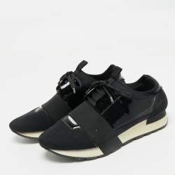 Pre Owned Balenciaga Black Nylon and Patent Leather Race Runner Lace Up Sneakers Size 38