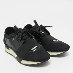 Pre Owned Balenciaga Black Nylon and Patent Leather Race Runner Lace Up Sneakers Size 38