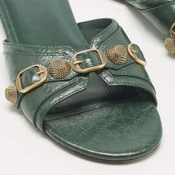Pre Owned Balenciaga Green Leather Studded Cagole Flat Slides Size 38
