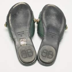Pre Owned Balenciaga Green Leather Studded Cagole Flat Slides Size 38