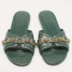Pre Owned Balenciaga Green Leather Studded Cagole Flat Slides Size 38