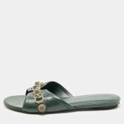 Pre Owned Balenciaga Green Leather Studded Cagole Flat Slides Size 38