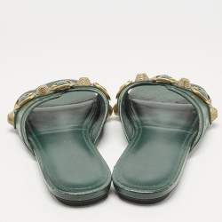 Pre Owned Balenciaga Green Leather Studded Cagole Flat Slides Size 38