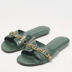 Pre Owned Balenciaga Green Leather Studded Cagole Flat Slides Size 38