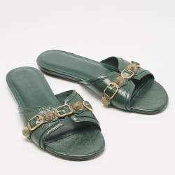 Pre Owned Balenciaga Green Leather Studded Cagole Flat Slides Size 38