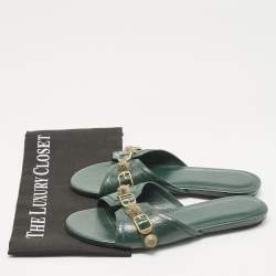 Pre Owned Balenciaga Green Leather Studded Cagole Flat Slides Size 38