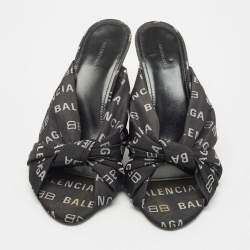 Pre Owned Balenciaga Black Fabric Logo Drapy Mules Size 38