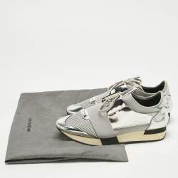 Pre Owned Balenciaga Grey/Silver Mesh And Leather Race Runner Sneakers Size 41