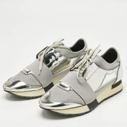 Pre Owned Balenciaga Grey/Silver Mesh And Leather Race Runner Sneakers Size 41