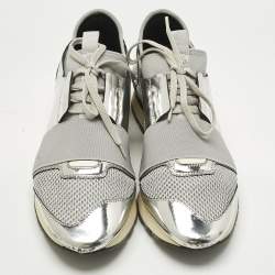 Pre Owned Balenciaga Grey/Silver Mesh And Leather Race Runner Sneakers Size 41