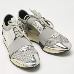 Pre Owned Balenciaga Grey/Silver Mesh And Leather Race Runner Sneakers Size 41