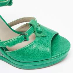 Pre Owned Balenciaga Green Leather Studded Wedge Sandals Size 40