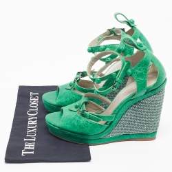 Pre Owned Balenciaga Green Leather Studded Wedge Sandals Size 40