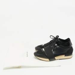 Pre Owned Balenciaga Black Leather and Mesh Race Runner Sneakers Size 38