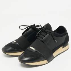 Pre Owned Balenciaga Black Leather and Mesh Race Runner Sneakers Size 38