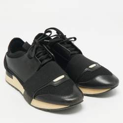 Pre Owned Balenciaga Black Leather and Mesh Race Runner Sneakers Size 38
