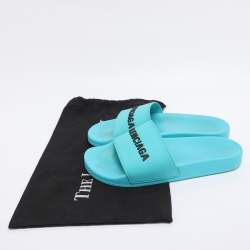 Pre Owned Balenciaga Blue Rubber Logo Pool Slides Size 40