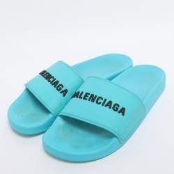 Pre Owned Balenciaga Blue Rubber Logo Pool Slides Size 40