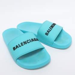 Pre Owned Balenciaga Blue Rubber Logo Pool Slides Size 40