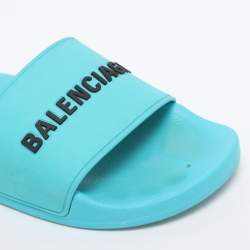 Pre Owned Balenciaga Blue Rubber Logo Pool Slides Size 40