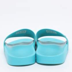 Pre Owned Balenciaga Blue Rubber Logo Pool Slides Size 40
