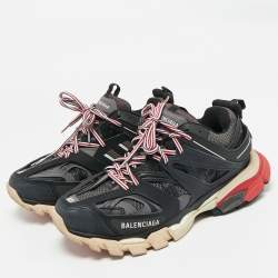Pre Owned Balenciaga Black/Grey Faux Leather and Mesh Track Sneakers Size 40